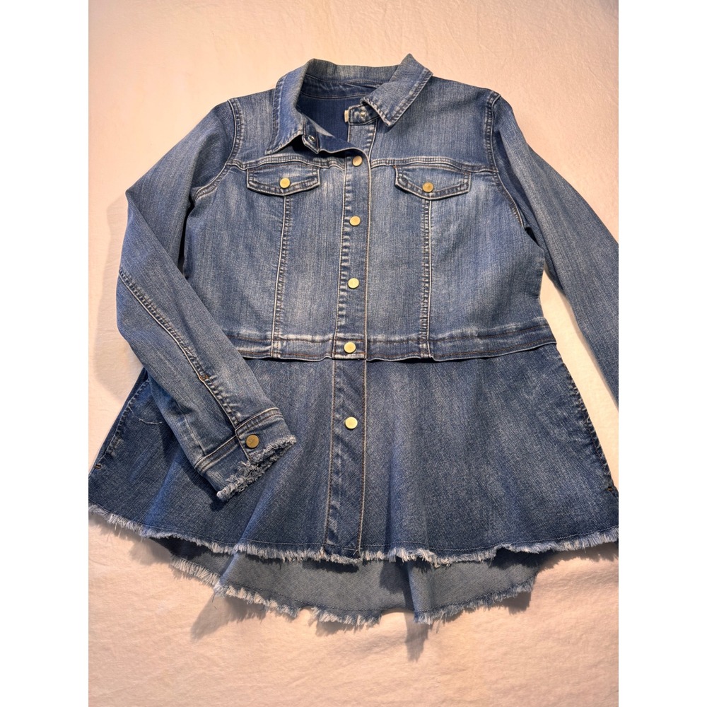 LOGO Lori Goldstein Peplum Denim Jacket Medium Wash Frayed Hem A398757 Size 10